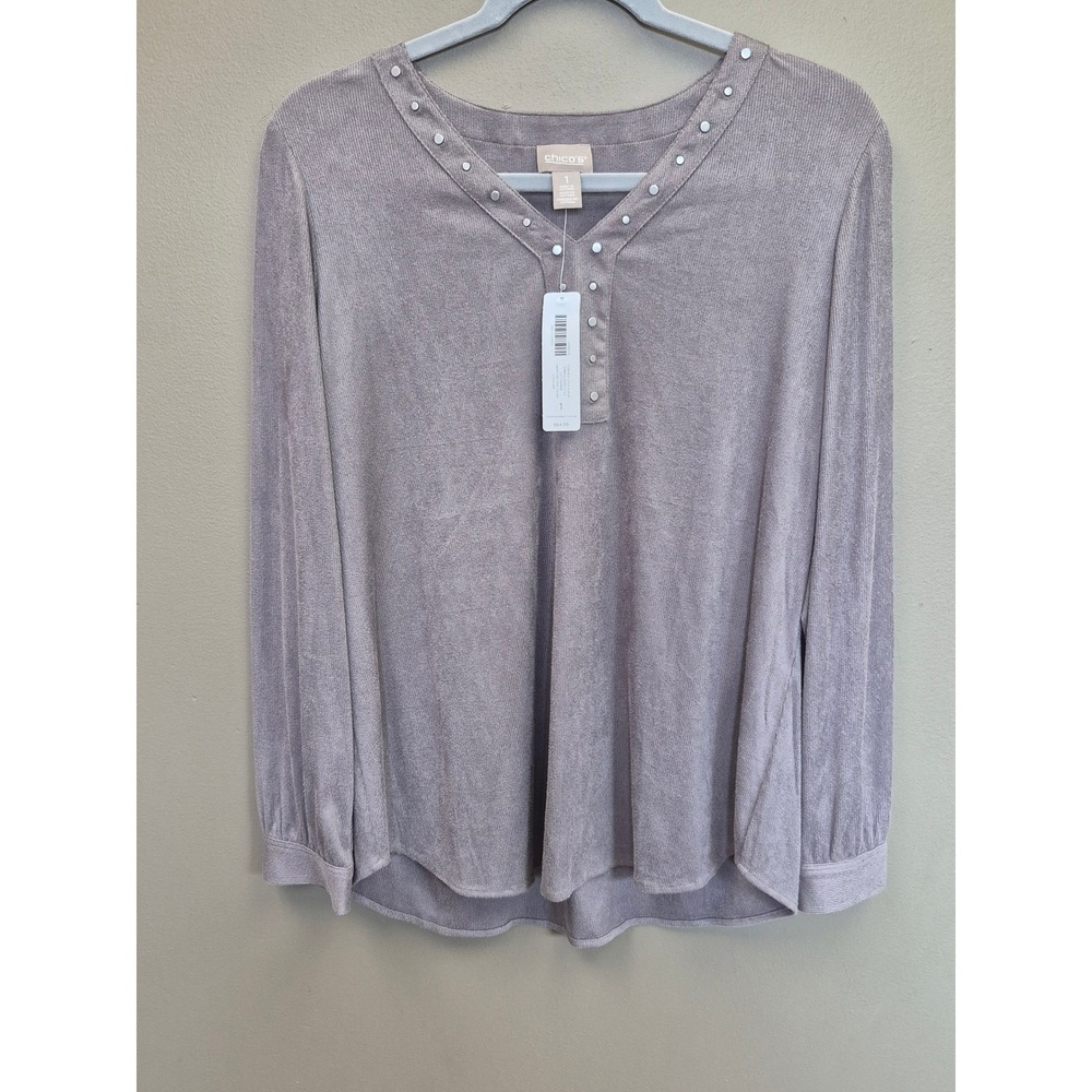 Chicos Womens Size 1 Taupe Faux Suede Studded V Neck Top NWT Soft Boho Shirt M